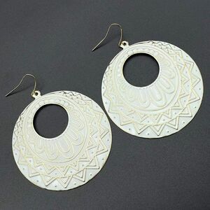 Yellow Gold with White Enamel Boho Aztec Pattern Round Dangling Hook Earrings